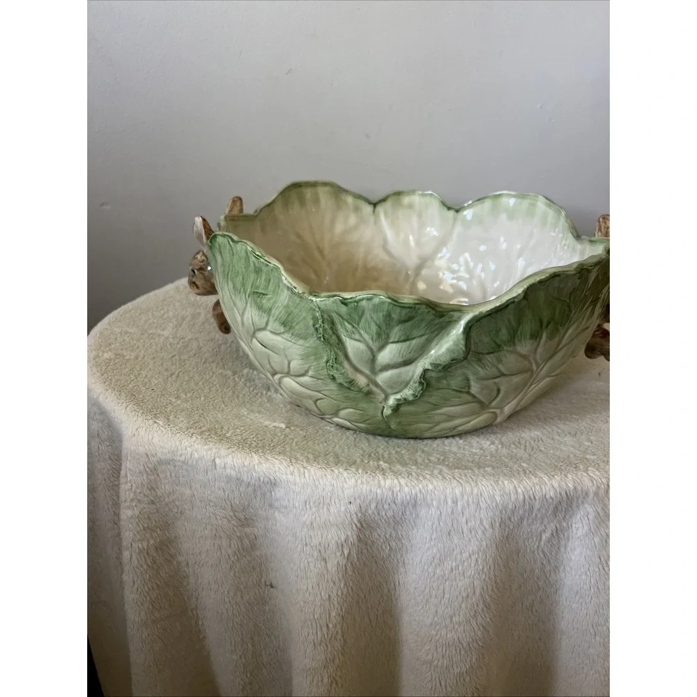 Large Spring Easter Vintage Fitz and Floyd Green Bowl with Bunnies cabbage green